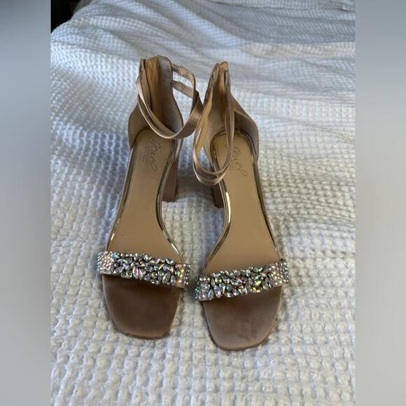 Badgley Mischka Crystal-Embellished Block Heel Sandals in Champaign - Picture 5 of 12